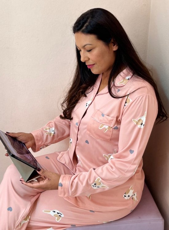     Pijama de inverno  Feminino Americano cachorro Rosa