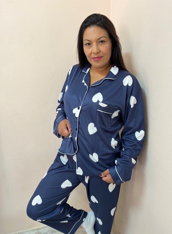    Pijama de inverno Plus size  Feminino Americano coração  Azul 