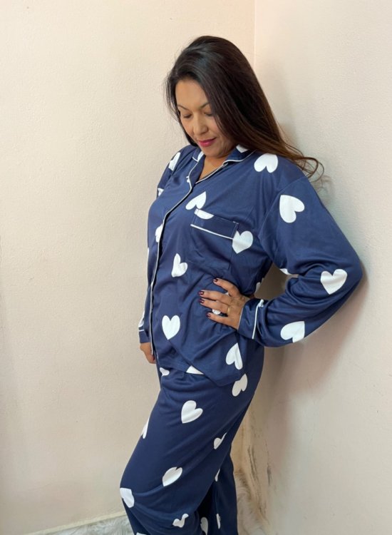    Pijama de inverno Plus size  Feminino Americano coração  Azul 